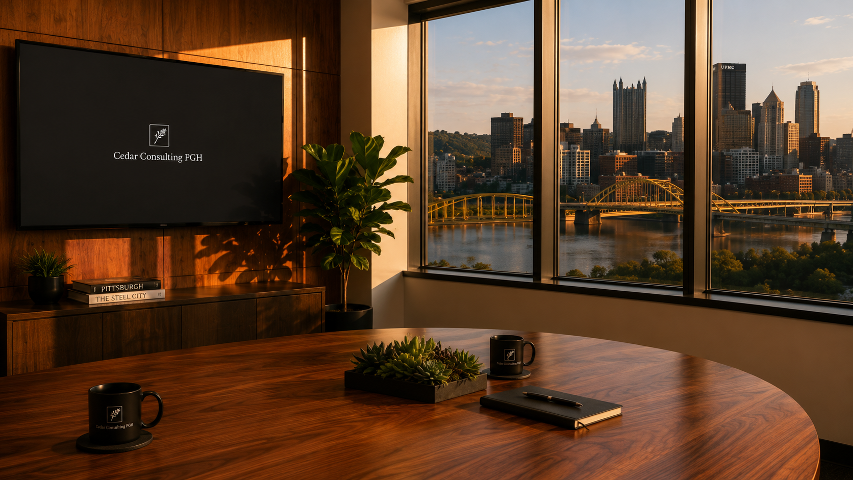 Cedar Consulting PGH office overlooking the Pittsburgh skyline